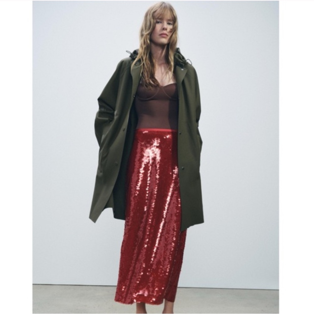 Zara NWT sequin midi skirt red 9162/908